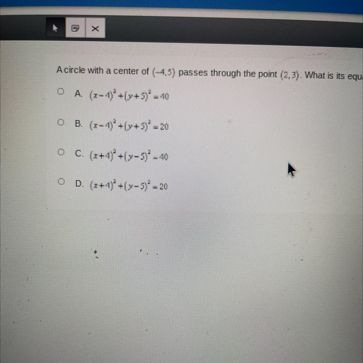 A circle with a center of (-4,5) passes through the point (2,3). What is its equation in standard form?