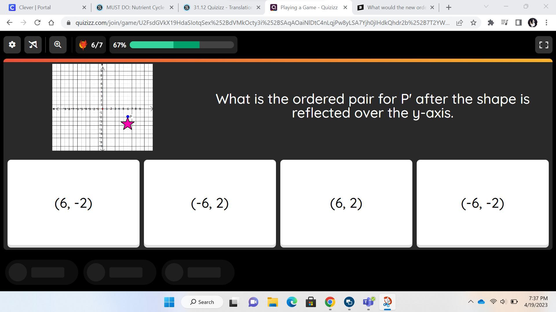 What is ordered pair for P' after the shape is reflected over the y-axis