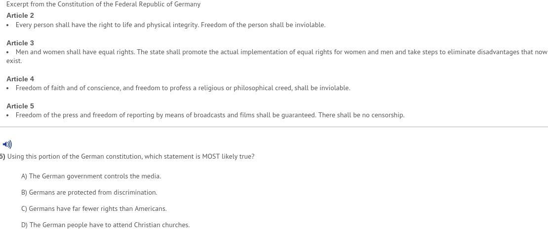 Using this portion of the German constitution, which statement is MOST likely true?