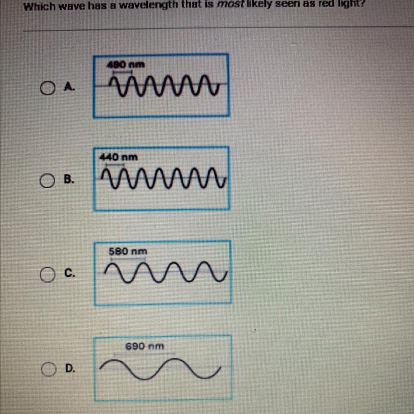 Which wave has a wavelength that is most likely seen as red light?