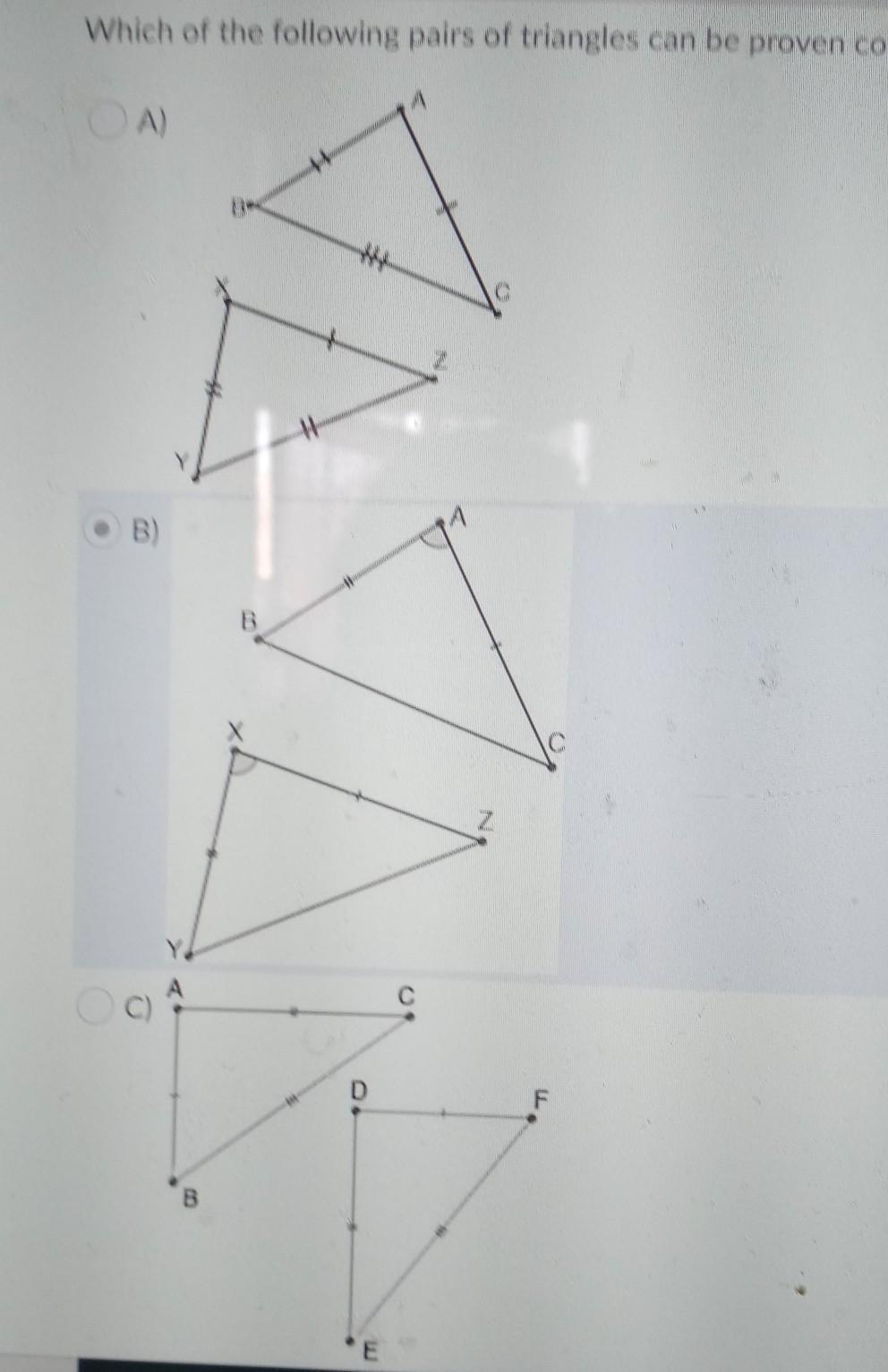 which of the following pair of triangles can be proven congruent through SSS
