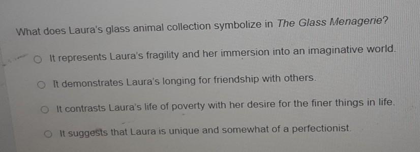What Does Laura's Glass Animal Collection Symbolize In The Glass Menagerie? O It Represents Laura's Fragility