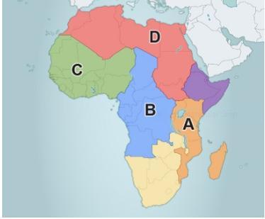 Which region is marked with the letter B? A. Southern Africa B. Central AfricaC. West AfricaD. North