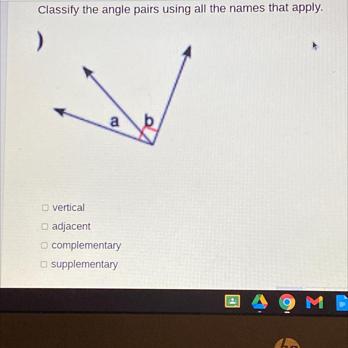 Classify the angle pairs using all the names that apply.