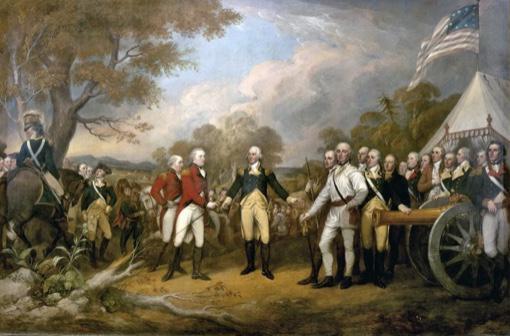 This painting shows the surrender of British General John Burgoyne at Saratoga, New York, on October