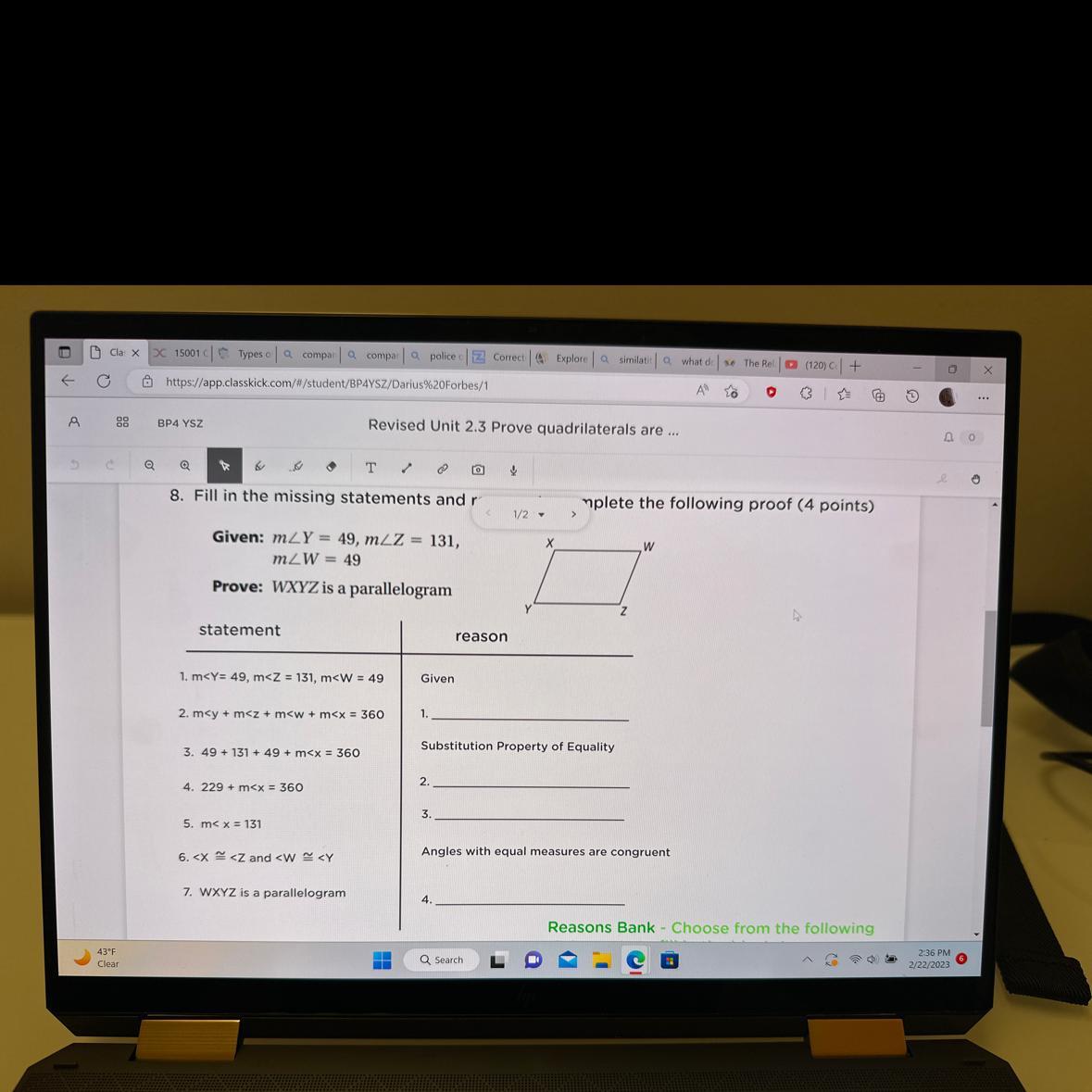 8. Fill in the missing statements and reasons to complete the following proof