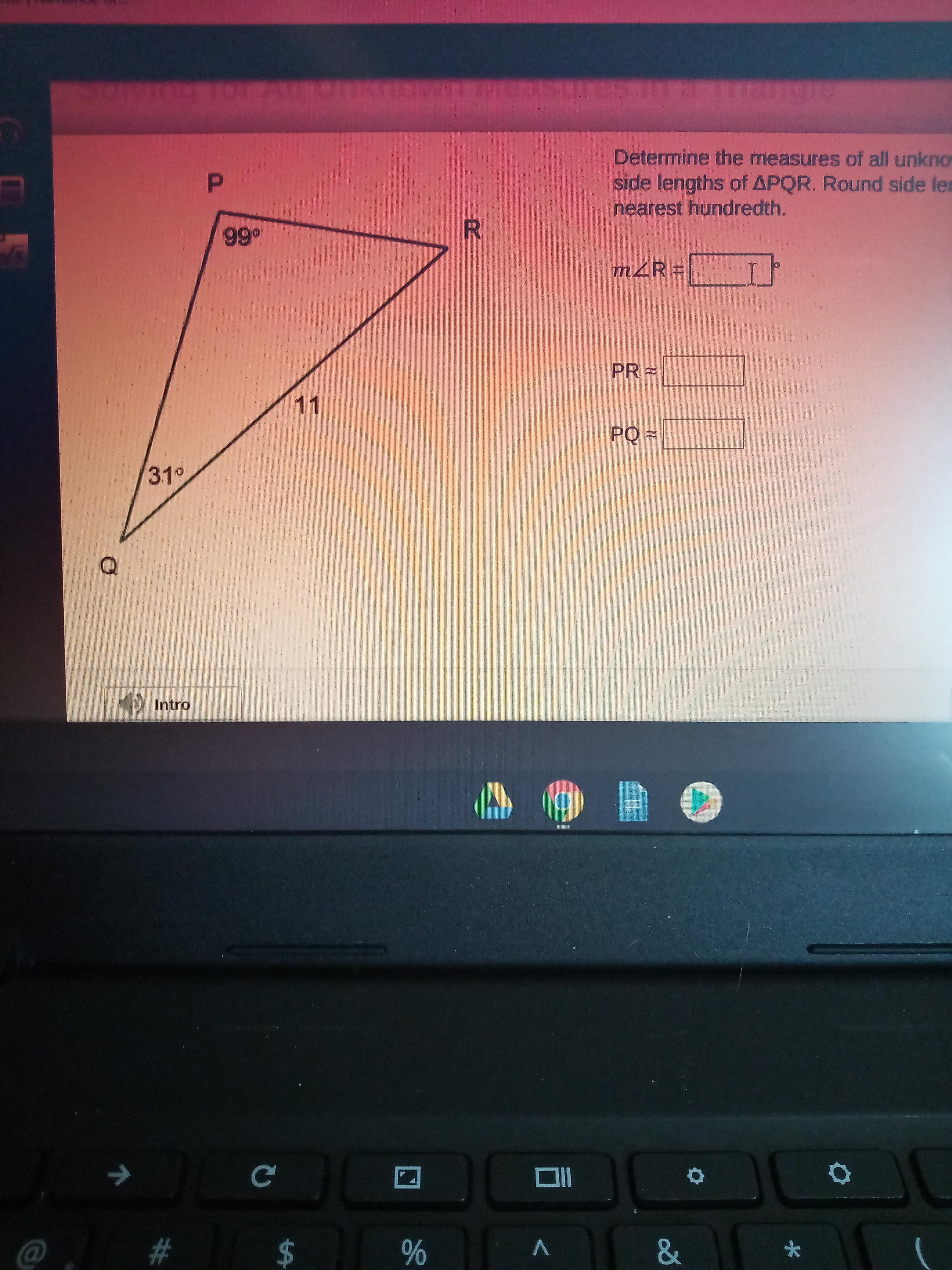 Determine the measurements of all unknown angles and side lengths of triangle PQR round side lengths