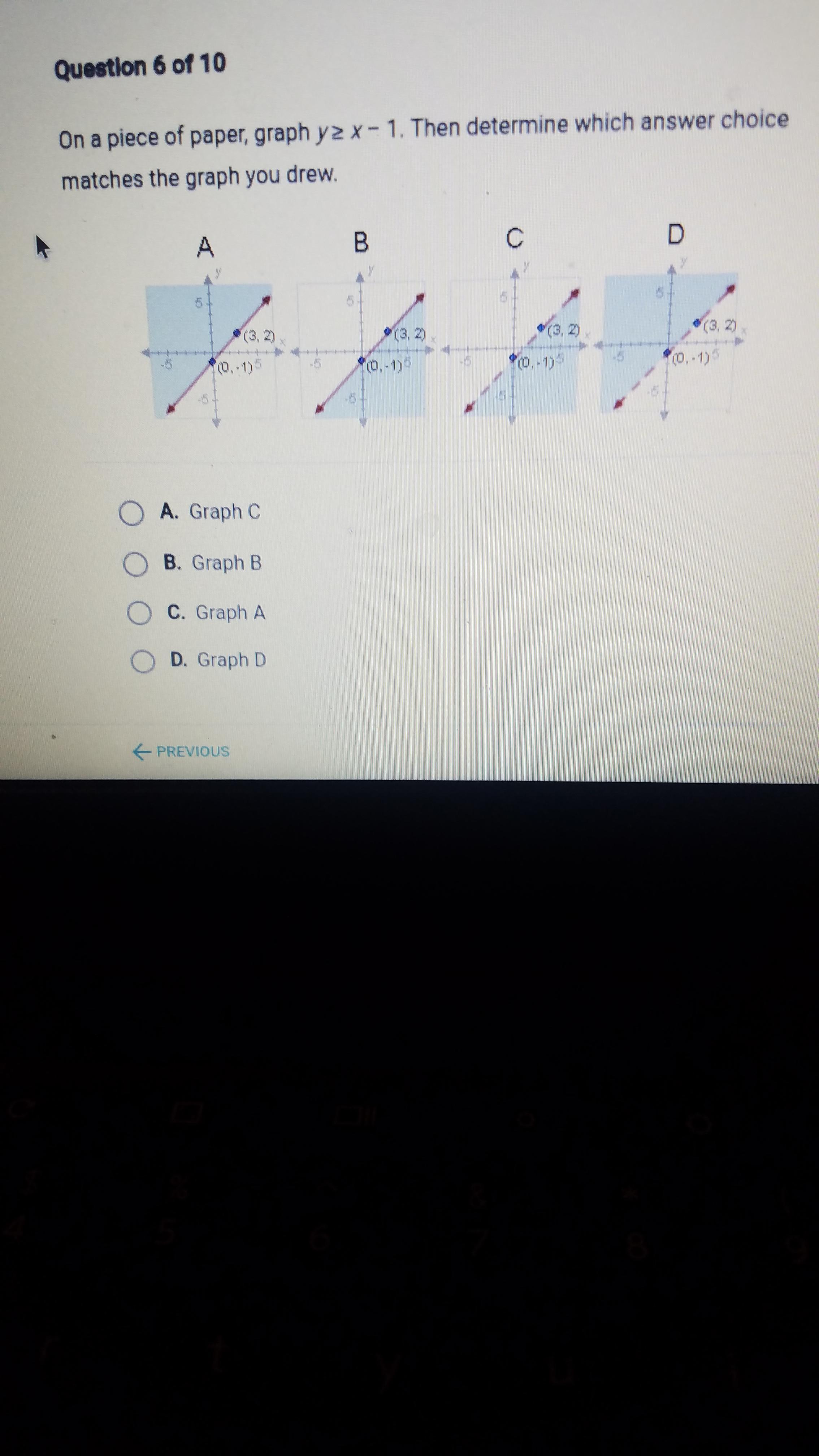 On a piece of paper, graph y2 X-1. Then determine which answer choice matches the graph you drew. A B