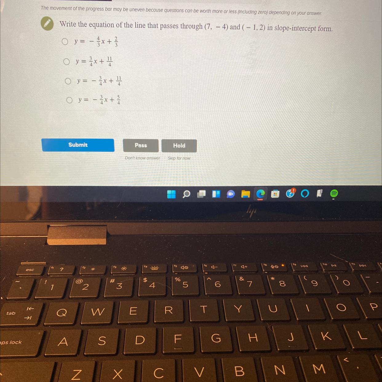 Write the equation of the line that passes through (7,-4) and (-1,2) in slope-intercept form