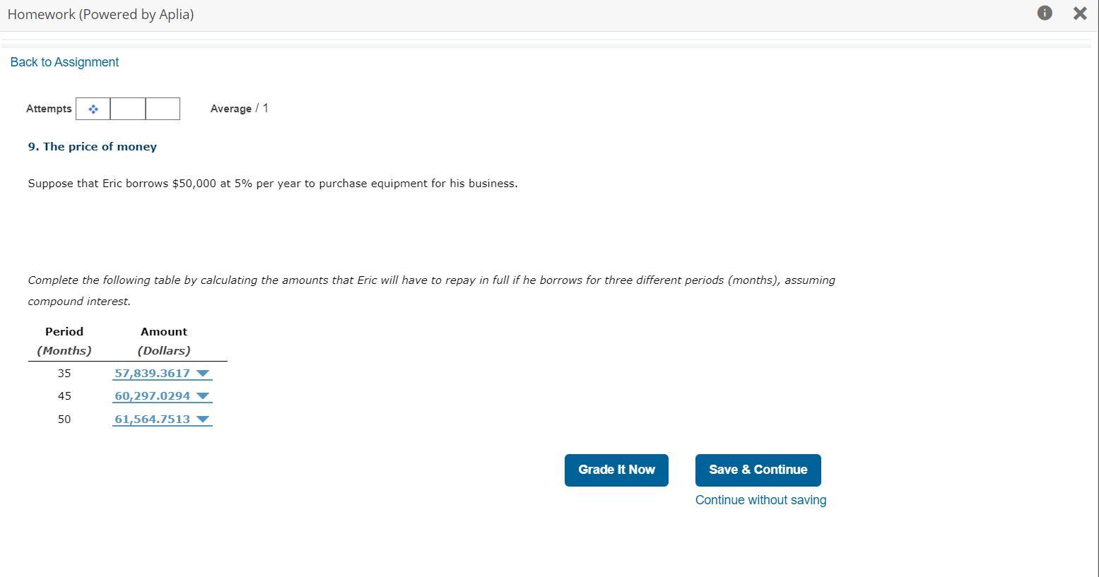Suppose that Eric borrows $50,000 at 5% per year to purchase equipment for his business.Complete the