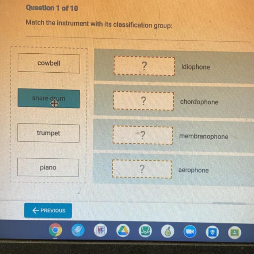 Match the instrument with its classification group:
