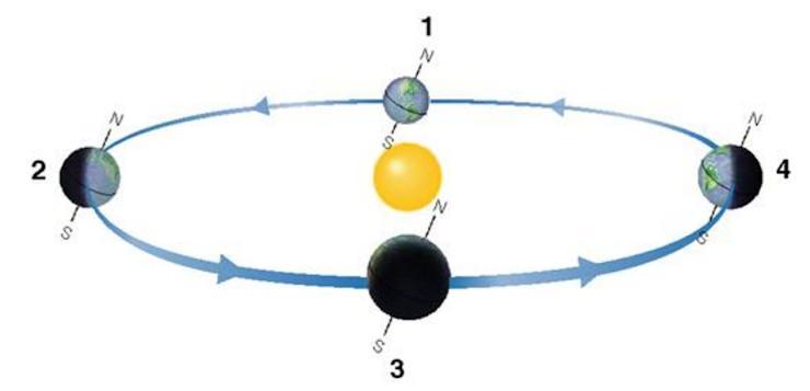 The diagram shows the Earth at several places in its orbit around the sun... Which location shows SUMMER