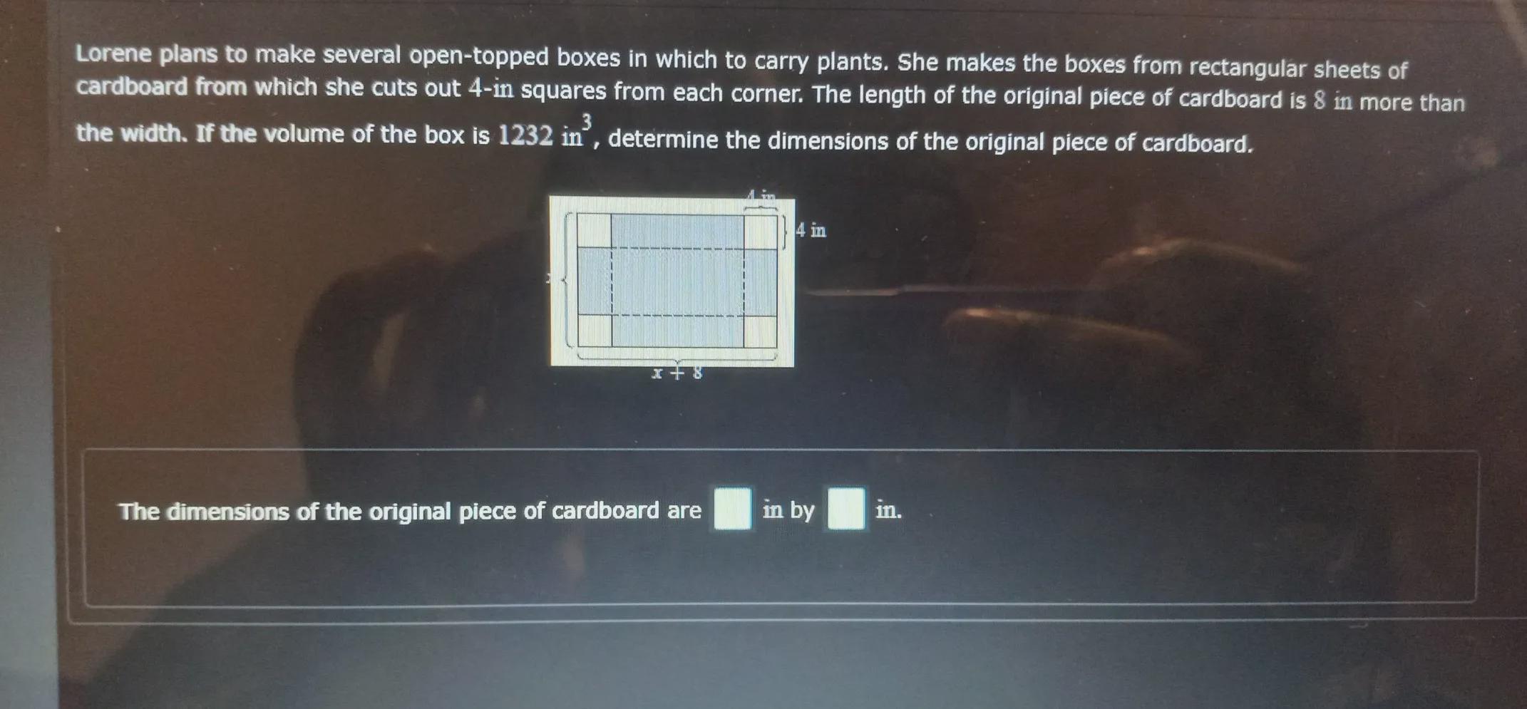 Lorene plans to make several open-topped boxes in which to carry plants. She makes the boxes from rectangular