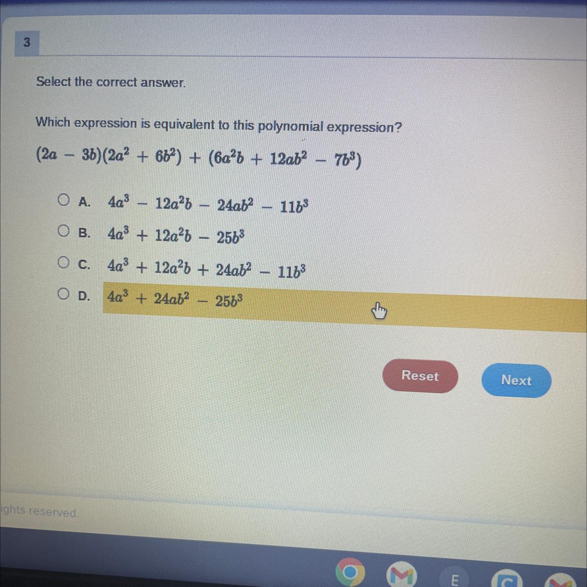 Select the correct answer.Which expression is equivalent to this polynomial expression?(2a36) (2a+ 66)