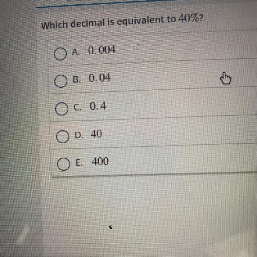 Which decimal is equivalent to 40 percent 
