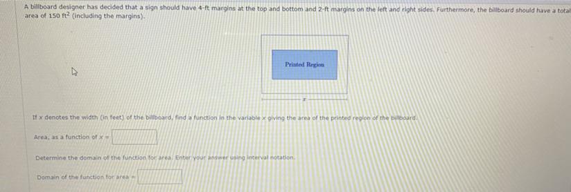 Area As A Function Of X = Domain Of The Function Of The Area =