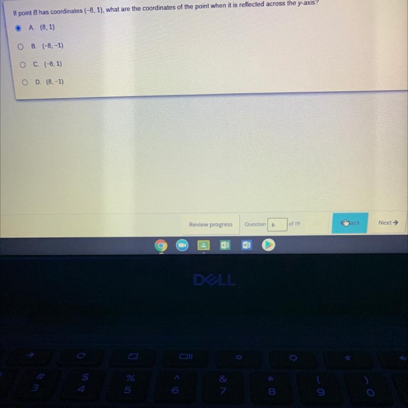 If point B has coordinates (-8, 1), what are the coordinates of the point when it is reflected across