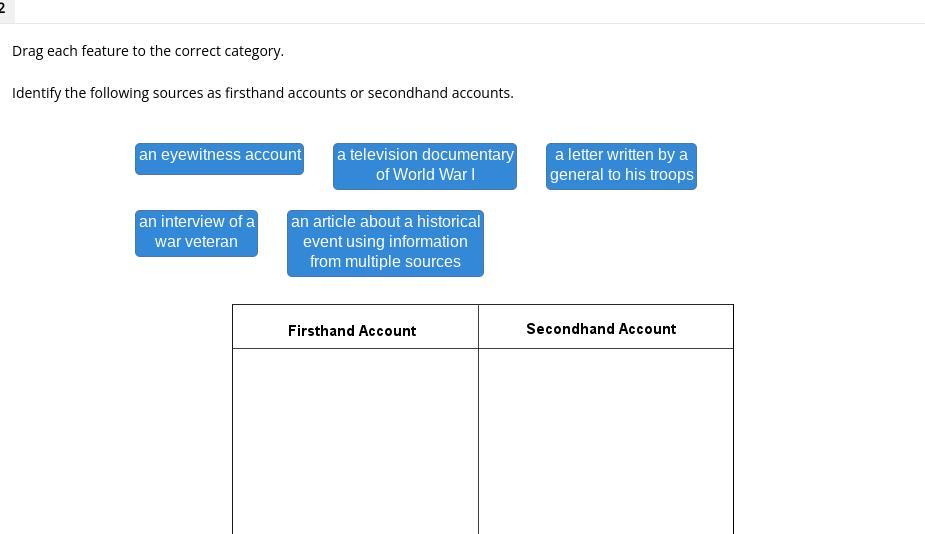 Drag each feature to the correct category.Identify the following sources as firsthand accounts or secondhand