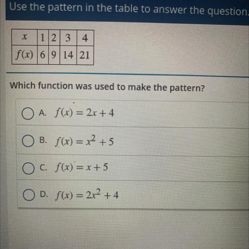 1 2 3 4f(x) 6 9 14 21Which function was used to make the pattern?A. f(x) = 2x + 4OB.B. f(x) = x2 + 5O