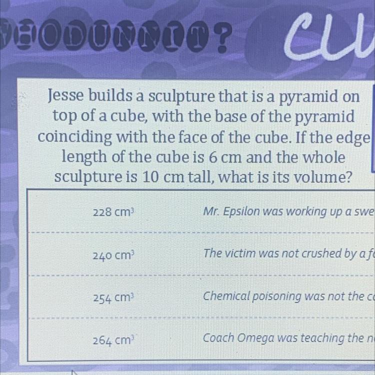 Jesse builds a sculpture that is a pyramid on the top of a cube,with the base of the pyramid coinciding