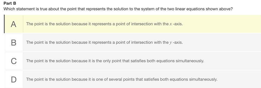 Use the drop-down menus below to represent the solution to the system of the two linear equations shown