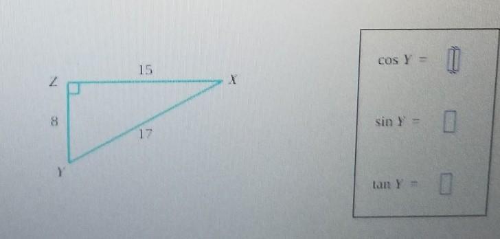 a right triangle has side lengths 8, 15, and 17 as shown below. Use these lengths to find cosY, sinY,