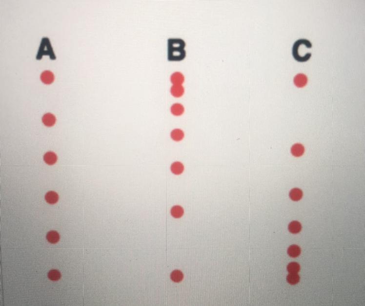 Which of the following motion dots represent an object undergoing free-fall in a vacuum? A. AB. BC. C
