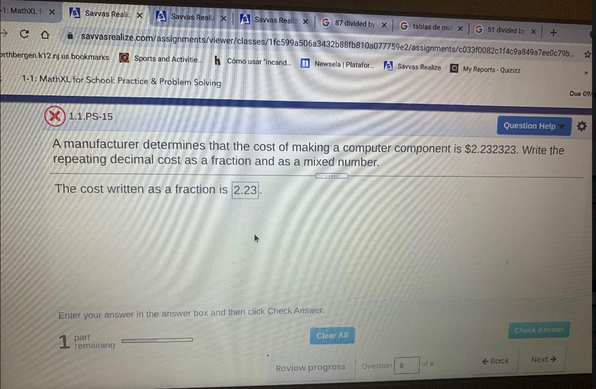 A manufacturer determines that the cost of making a computer component is $2.232323.... Write the repeating
