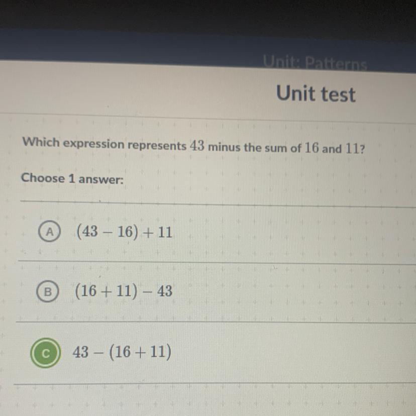 Which expression represents 43 minus the sum of 16 and 11?