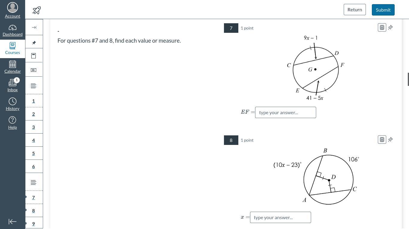 For questions #7 and 8, find each value or measure.