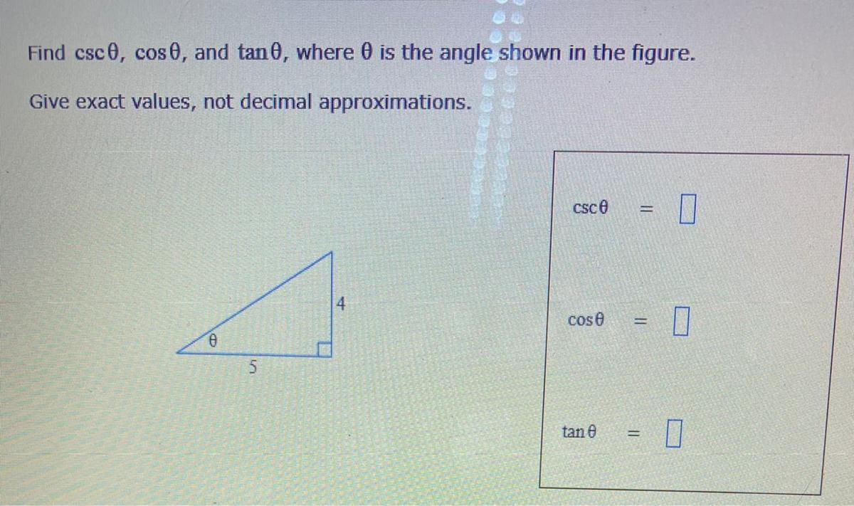 Find csco, cose, and tan , where is the angle shown in the figure.Give exact values, not decimal approximations.