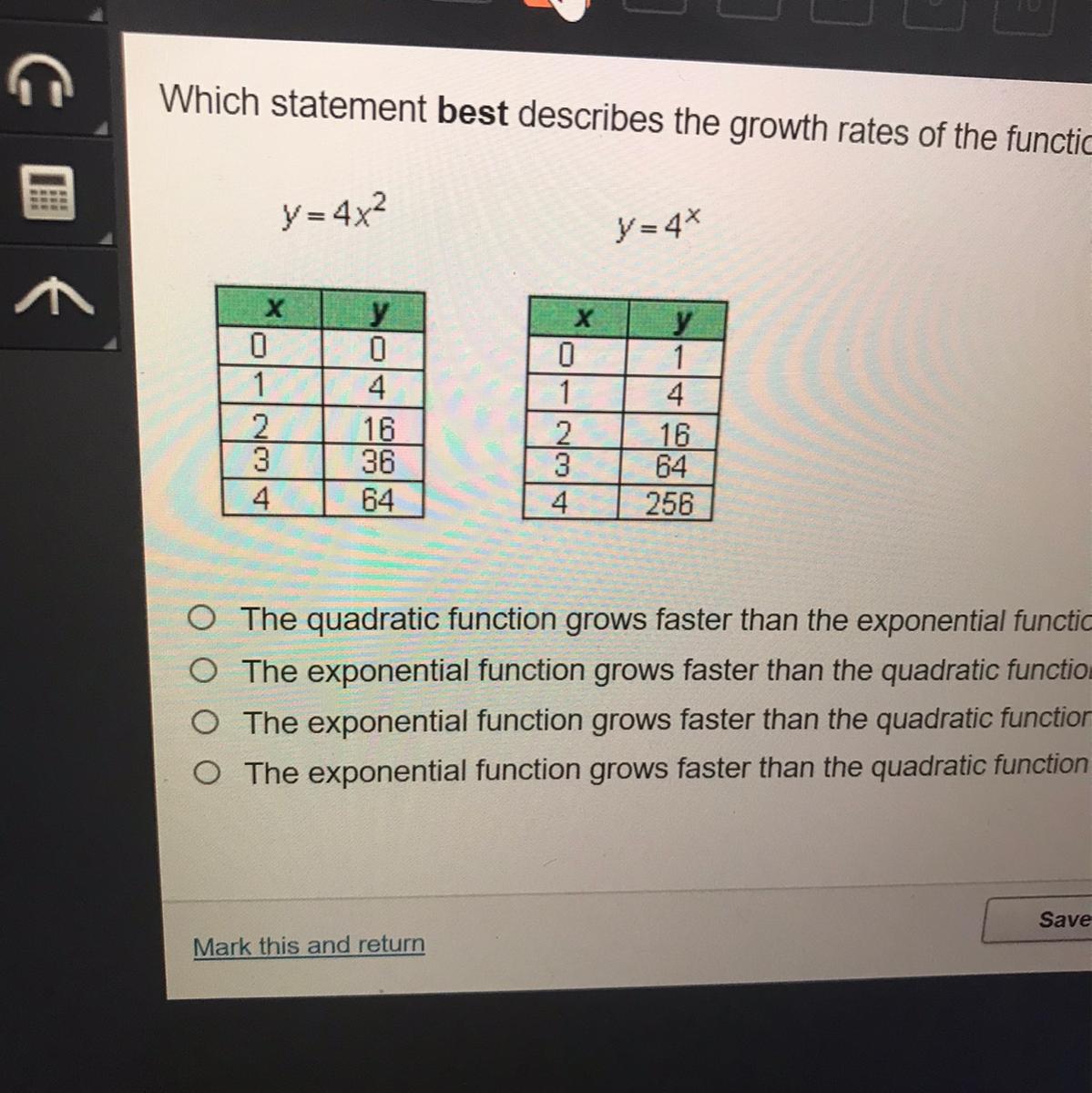 Which Statement Best Describes The Growth Rates Of The Functions Below?y=4x2y=4*O The Quadratic Function