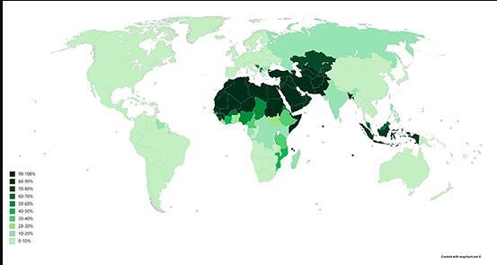 Which patterns of diffusion of Islam can be observed from the map? Islam has diffused widely in the Americas.