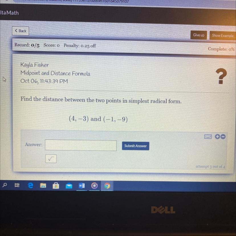 Find the distance between the two points in simplest radical form.(4, -3) and (-1, -9)