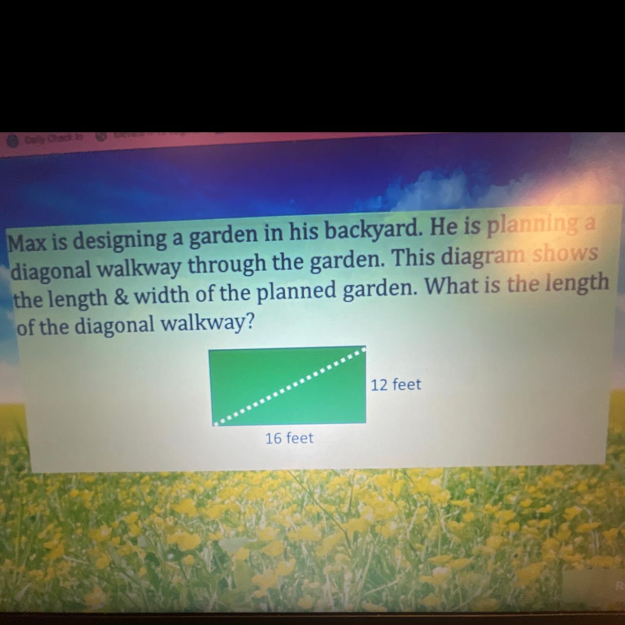 Max is designing a garden in his backyard. He is planning adiagonal walkway through the garden. This