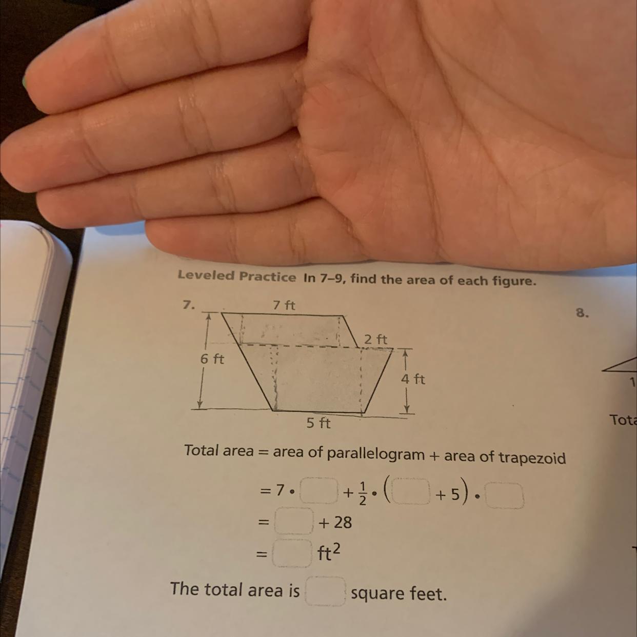 Question 7!!Total area = area of parallelogram + area of trapezoid 