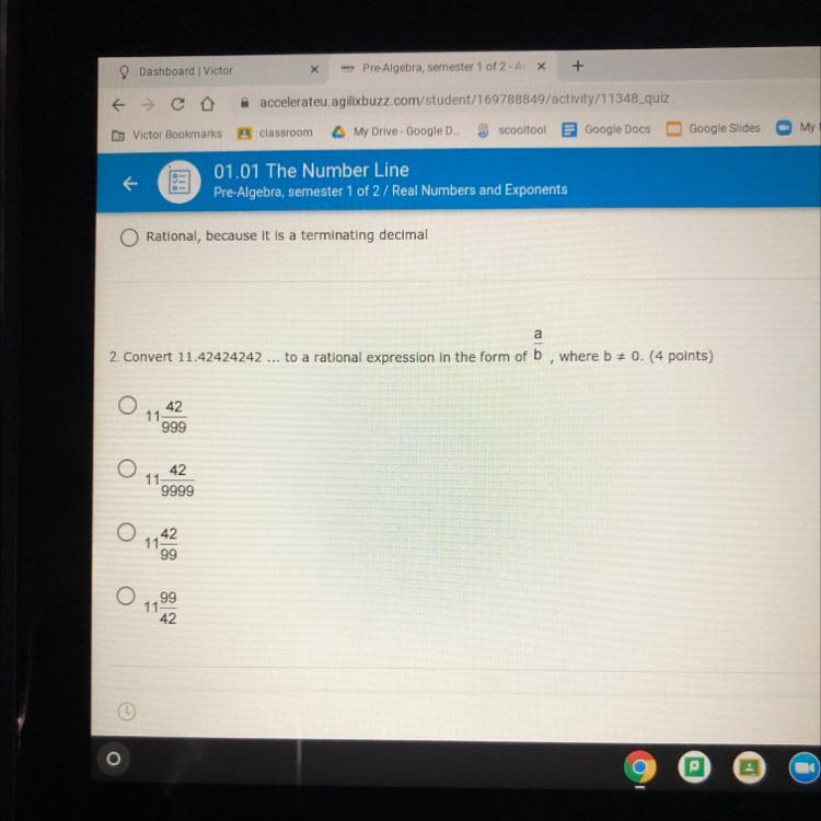 Conver 11.42424242 to a rational expression in the form of a/b , where b / 0.