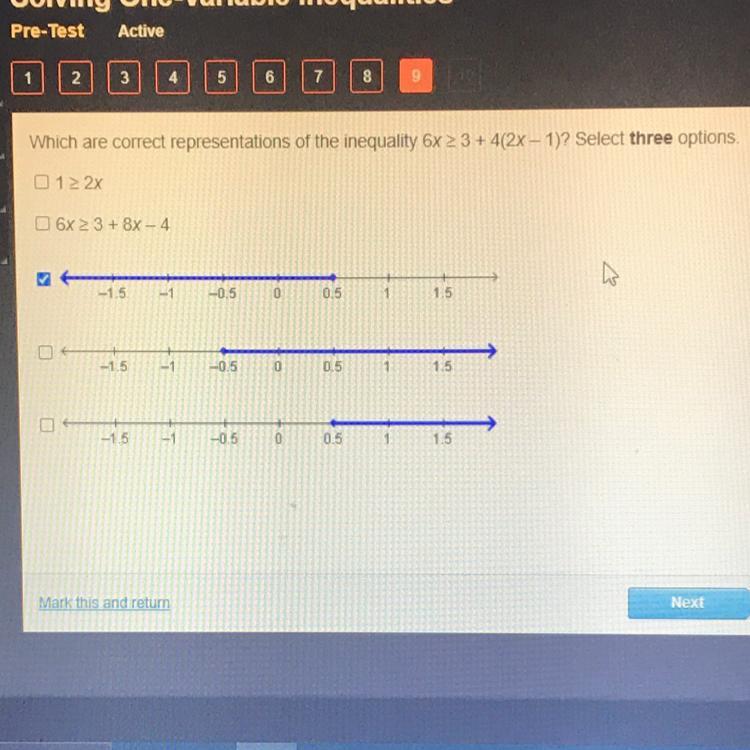 Which are correct representations of the inequality 6x2 3 + 4(2x - 1)? Select three options.
