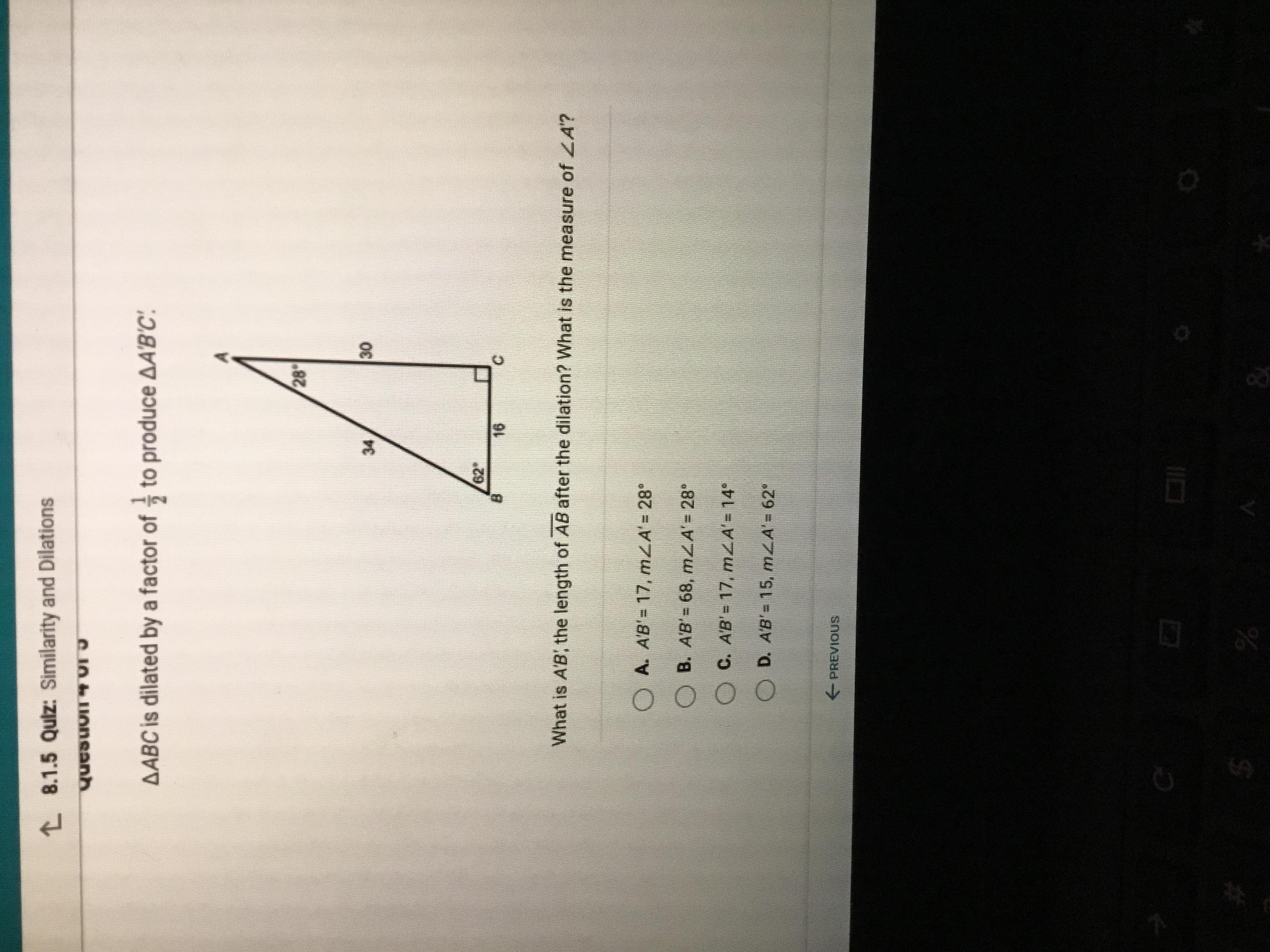 ABC is dilated by a scale factor of 1/2 to produce ABC. What is AB, the length AB after the dilation?