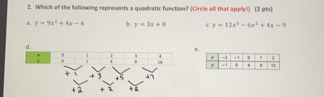 2. Which of the following represents a quadratic function? (Circle all that apply!) (2 pts)a, y = 9x2