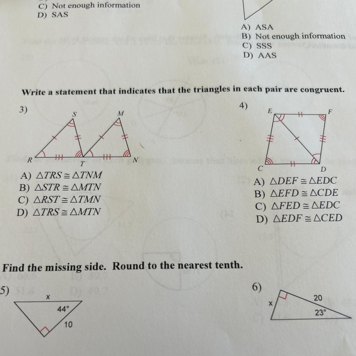 Write a statement that indicates that the triangles in each pair are congruent