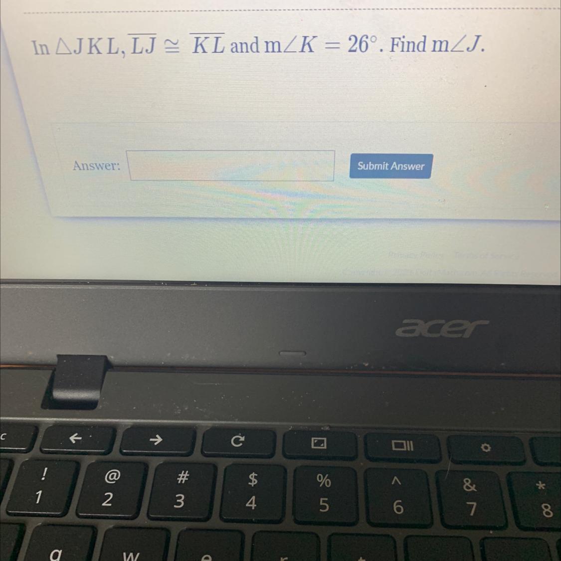 In JKL, LJ K L and mZK = 26Find mZJ.