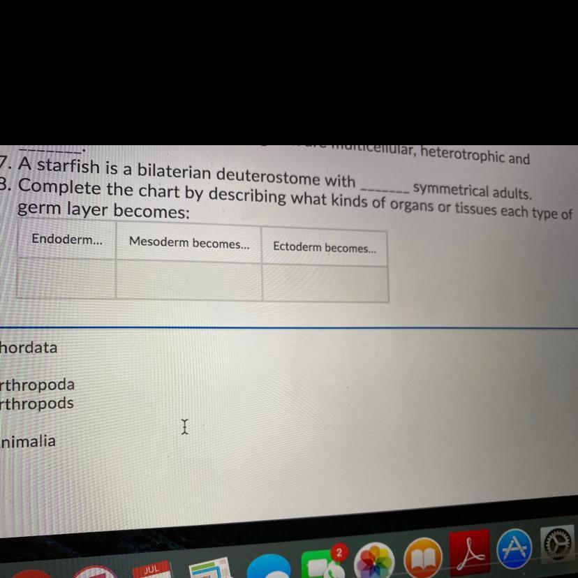 8. Complete the chart by describing what kinds of organs or tissues each type ofgerm layer becomes:Endoderm...Mesoderm