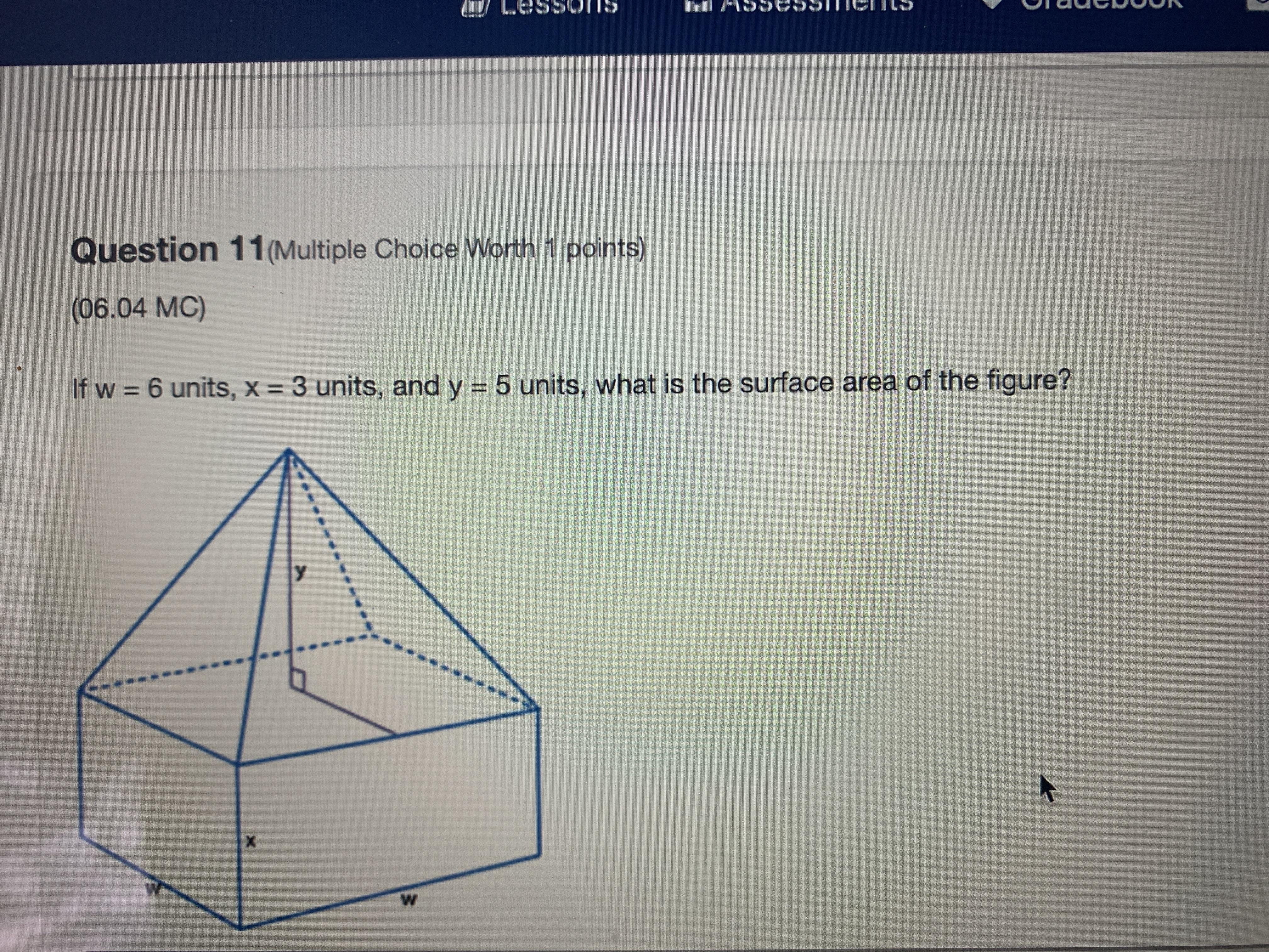 FW = 6 units, X = 3 units, and Y = 5 units, what is the surface area of the figure?