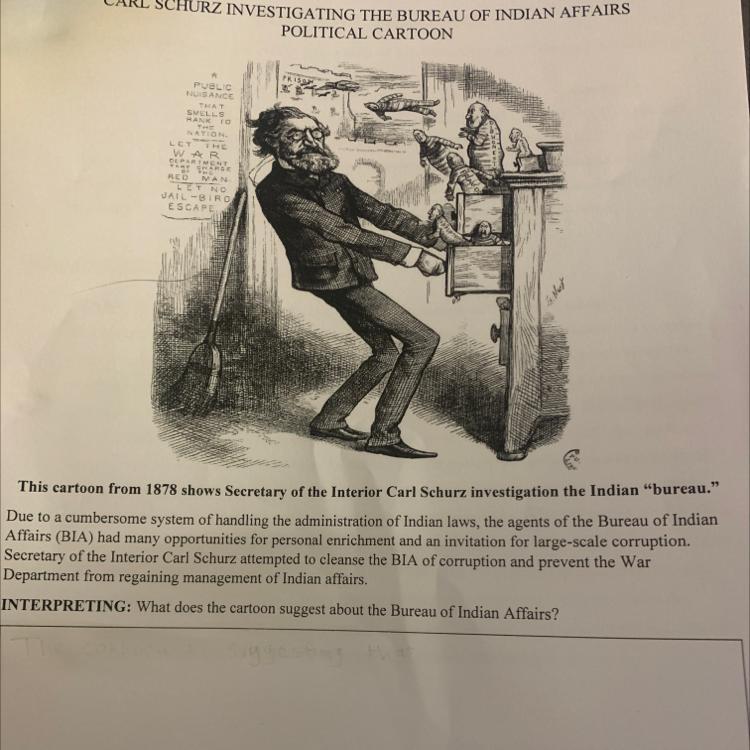 CARL SCHURZ INVESTIGATING THE BUREAU OF INDIAN AFFAIRSPOLITICAL CARTOONPUBLICNUISANCETHATSMELLSGianNATIONLET
