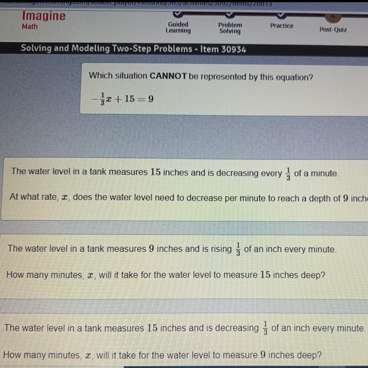 Which situation CANNOT be represented by this equation?- 1x + 15 = 9