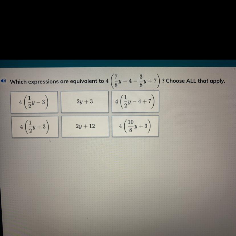Which expressions are equivalent to 4(7/8y-4-3/8y+7)? Choose ALL that apply.