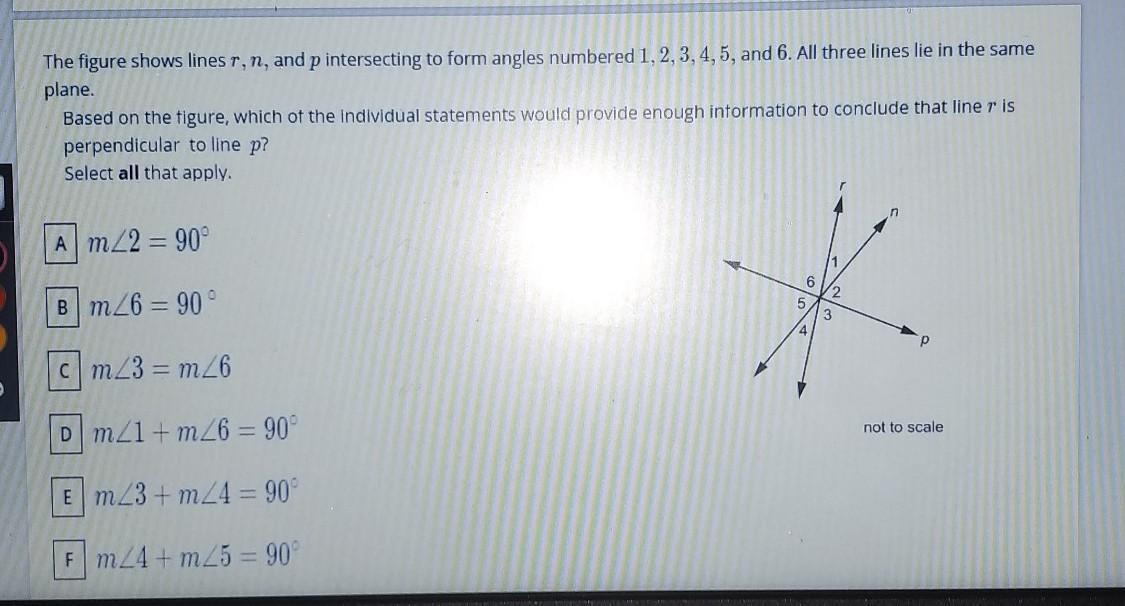 The figure shows lines r, n, and p intersecting to form angles numbered 1, 2, 3, 4, 5, and 6. All three