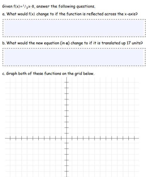 HELP 40 POINTSGiven f(x)=1/3x-8, answer the following questions.a. What would f(x) change to if the function