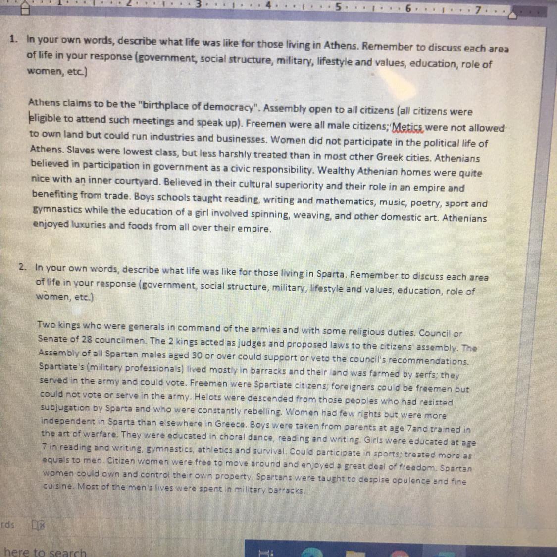 Can you compare and contrast life in Athens with life in Sparta using these answer 